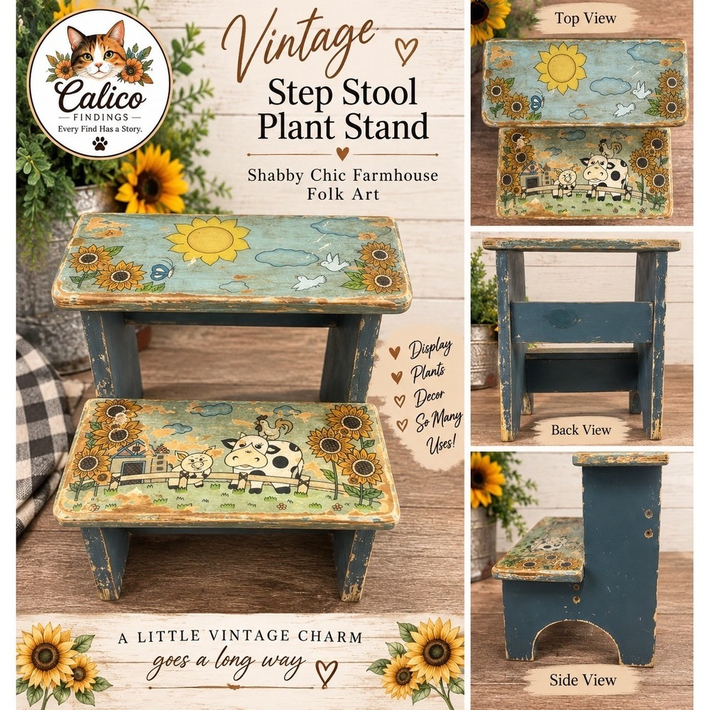 Vintage Farmhouse Wooden Step Stool Hand Painted Cow Pig Sunflowers Blue 13.5in